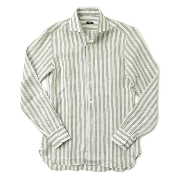 菅原靴店別注仕様 Barba バルバ メンズ ワイドカラー シャツ ストライプ リネン New Bruno カッタウェイ Kkuu グリーン Barba 菅原靴店